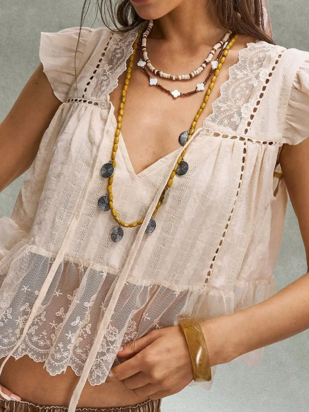 Apricot Casual Women's Vacation V-Neck Front Tie Blouse with Lace Trim